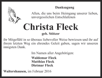 Traueranzeige von Christa Fleck von Ostthüringer Zeitung, Thüringische Landeszeitung