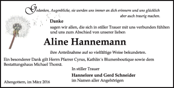 Traueranzeige von Aline Hannemann von Thüringer Allgemeine, Thüringische Landeszeitung