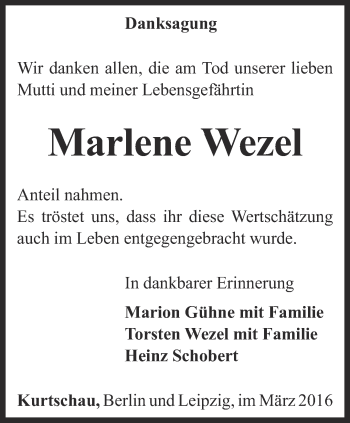 Traueranzeige von Marlene Wezel von Ostthüringer Zeitung