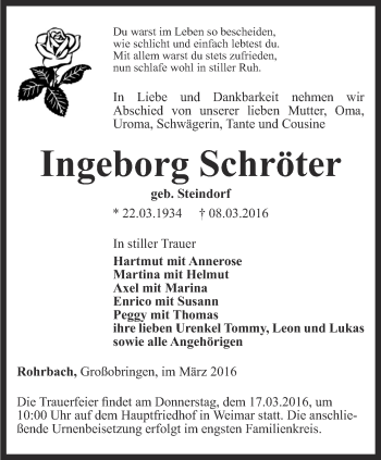 Traueranzeige von Ingeborg Schröter von Thüringer Allgemeine, Thüringische Landeszeitung