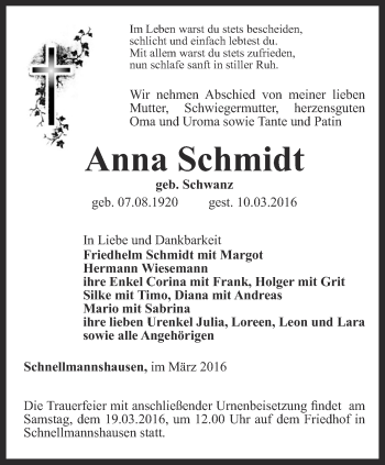 Traueranzeige von Anna Schmidt von Thüringer Allgemeine, Thüringische Landeszeitung