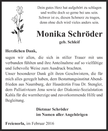 Traueranzeige von Monika Schröder von Ostthüringer Zeitung, Thüringische Landeszeitung