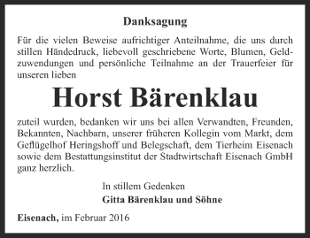 Traueranzeige von Horst Bärenklau von Thüringer Allgemeine, Thüringische Landeszeitung