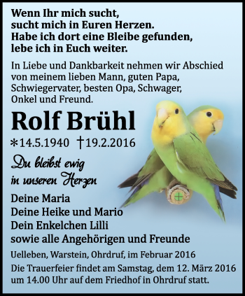 Traueranzeige von Rolf Brühl von Ostthüringer Zeitung, Thüringische Landeszeitung