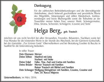 Traueranzeige von Helga Berg von Ostthüringer Zeitung