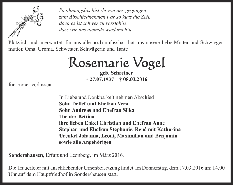 Traueranzeigen von Rosemarie Vogel | trauer-in-thueringen.de