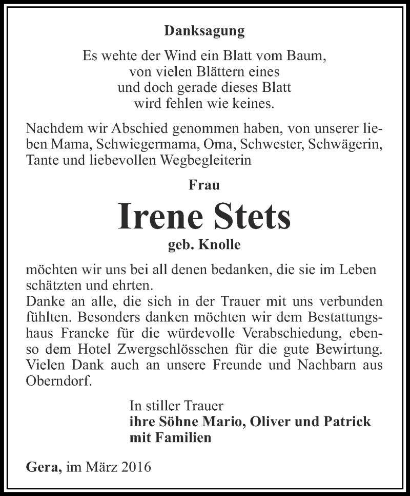  Traueranzeige für Irene Stets vom 12.03.2016 aus Ostthüringer Zeitung