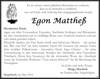 Traueranzeige von Egon Mattheß von Thüringer Allgemeine