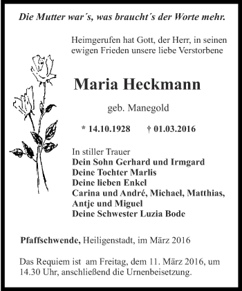 Traueranzeige von Maria Heckmann von Thüringer Allgemeine