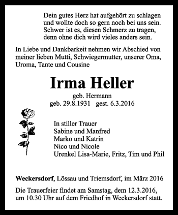 Traueranzeige von Irma Heller von Ostthüringer Zeitung