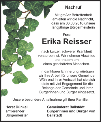 Traueranzeige von Erika Reisser von Ostthüringer Zeitung, Thüringische Landeszeitung