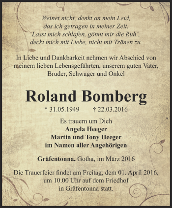 Traueranzeige von Roland Bomberg von Thüringer Allgemeine, Thüringische Landeszeitung