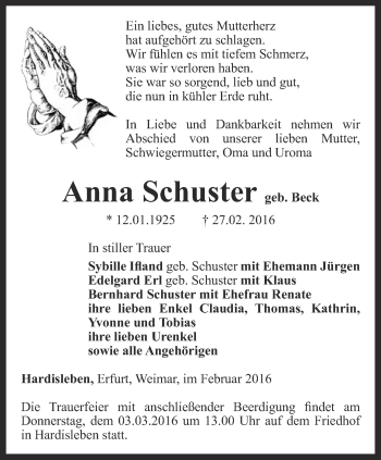 Traueranzeige von Anna Schuster von Thüringer Allgemeine