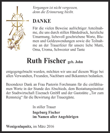 Traueranzeige von Ruth Fischer von Thüringer Allgemeine, Thüringische Landeszeitung