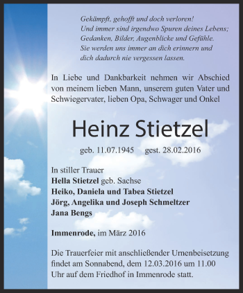 Traueranzeige von Heinz Stietzel von Thüringer Allgemeine