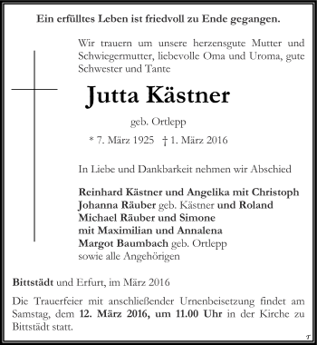 Traueranzeige von Jutta Kästner von Thüringer Allgemeine