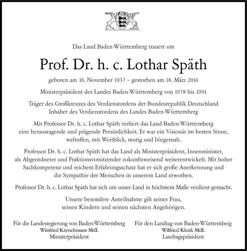  Traueranzeige für Lothar Späth vom 23.03.2016 aus Thüringer Allgemeine, Thüringische Landeszeitung, Ostthüringer Zeitung