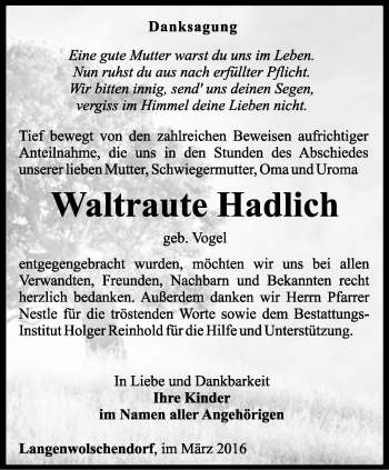 Traueranzeige von Waltraute Hadlich von Ostthüringer Zeitung