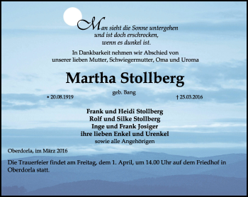 Traueranzeige von Martha Stollberg von Thüringer Allgemeine, Thüringische Landeszeitung