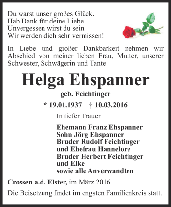 Traueranzeige von Helga Ehspanner von Ostthüringer Zeitung