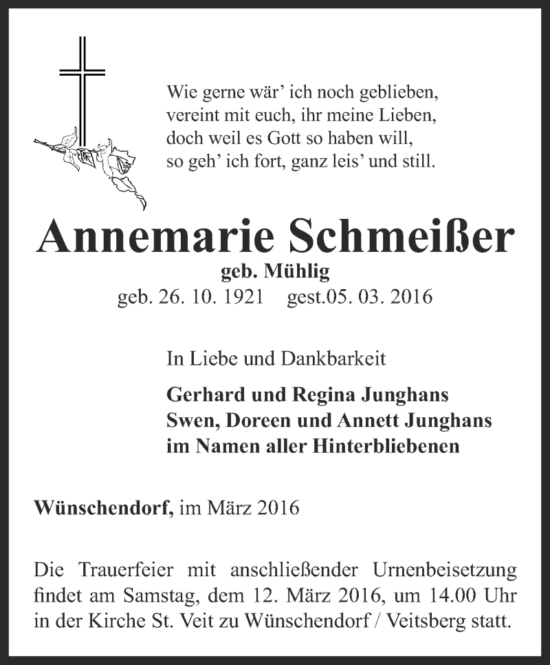  Traueranzeige für Annemarie Schmeißer vom 09.03.2016 aus Ostthüringer Zeitung