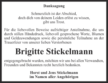 Traueranzeige von Brigitte Stickelmann von Thüringer Allgemeine, Thüringische Landeszeitung