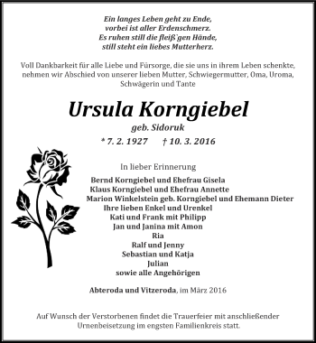Traueranzeige von Ursula Korngiebel von Thüringer Allgemeine, Thüringische Landeszeitung