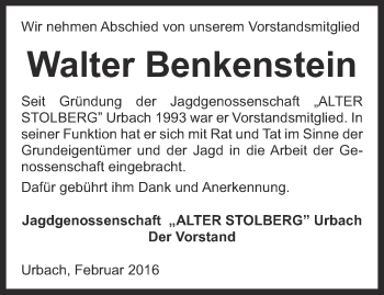 Traueranzeige von Walter Benkenstein von Thüringer Allgemeine
