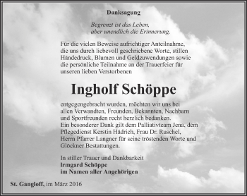Traueranzeige von Ingholf Schöppe von Ostthüringer Zeitung