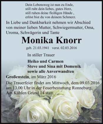 Traueranzeige von Monika Knorr von Ostthüringer Zeitung