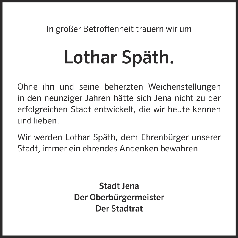  Traueranzeige für Lothar Späth vom 24.03.2016 aus Ostthüringer Zeitung, Thüringische Landeszeitung