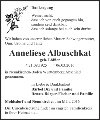Traueranzeige von Anneliese Albuschkat von Ostthüringer Zeitung