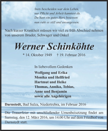 Traueranzeige von Werner Schinköhte von Thüringer Allgemeine, Thüringische Landeszeitung