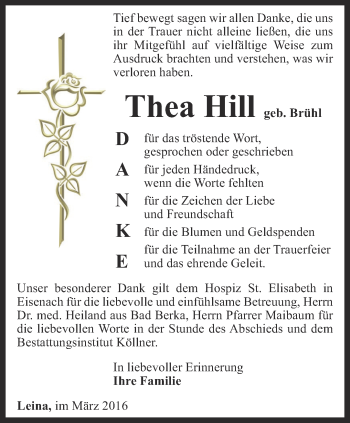 Traueranzeige von Thea Hill von Ostthüringer Zeitung, Thüringische Landeszeitung