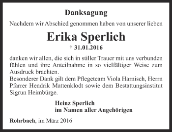 Traueranzeige von Erika Sperlich von Thüringer Allgemeine, Thüringische Landeszeitung