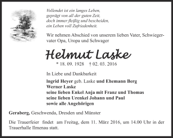 Traueranzeige von Helmut Laske von Thüringer Allgemeine