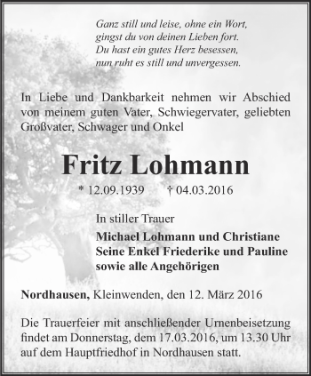 Traueranzeige von Fritz Lohmann von Thüringer Allgemeine