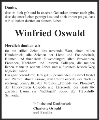 Traueranzeige von Winfried Oswald von Ostthüringer Zeitung, Thüringische Landeszeitung