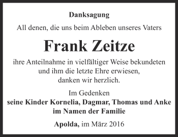 Traueranzeige von Frank Zeitze von Thüringer Allgemeine, Thüringische Landeszeitung