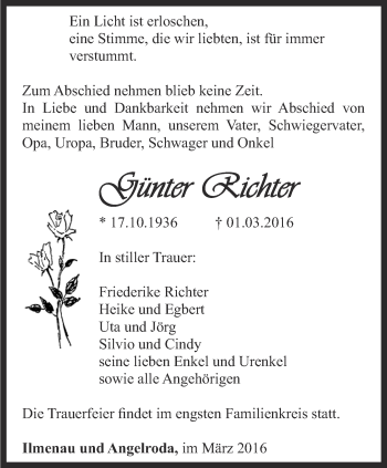 Traueranzeige von Günter Richter von Thüringer Allgemeine