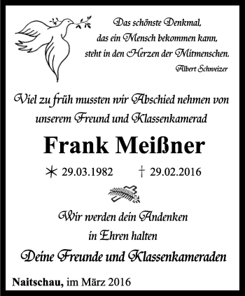 Traueranzeige von Frank Meißner von Ostthüringer Zeitung