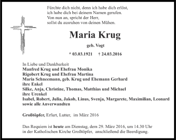 Traueranzeige von Maria Krug von Thüringer Allgemeine