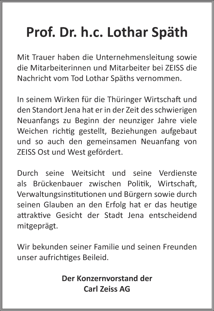  Traueranzeige für Lothar Späth vom 24.03.2016 aus Ostthüringer Zeitung, Thüringische Landeszeitung