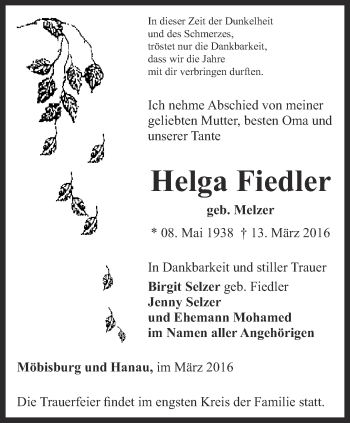 Traueranzeige von Helga Fiedler von Thüringer Allgemeine, Thüringische Landeszeitung