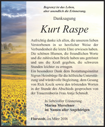 Traueranzeige von Kurt Raspe von Thüringer Allgemeine, Thüringische Landeszeitung