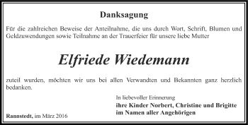 Traueranzeige von Elfriede Wiedemann von Thüringer Allgemeine, Thüringische Landeszeitung