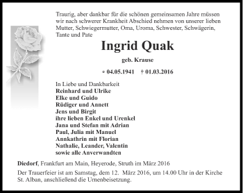 Traueranzeige von Ingrid Quak von Thüringer Allgemeine, Thüringische Landeszeitung