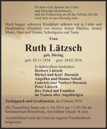 Traueranzeige von Ruth Lätzsch von Ostthüringer Zeitung