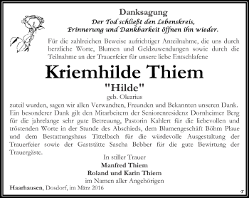 Traueranzeige von Kriemhilde Thiem von Thüringer Allgemeine