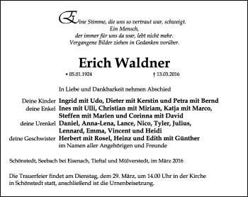 Traueranzeige von Erich Waldner von Thüringer Allgemeine, Thüringische Landeszeitung